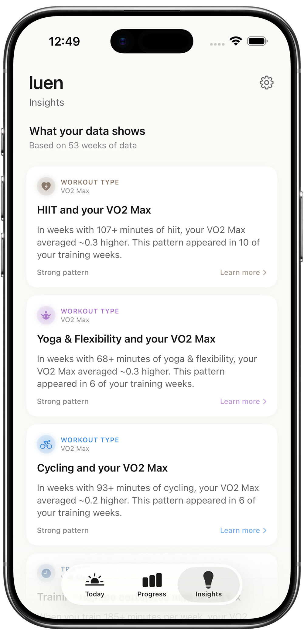 Luen Insights tab showing personalized fitness recommendations