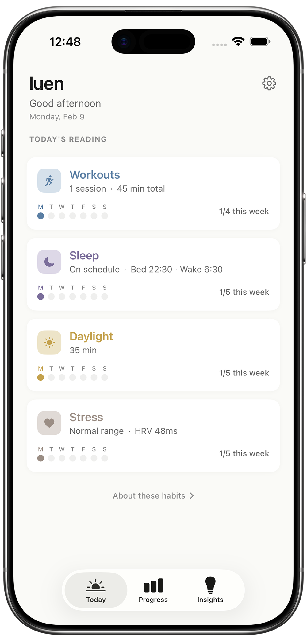 Luen Today tab showing daily health habits